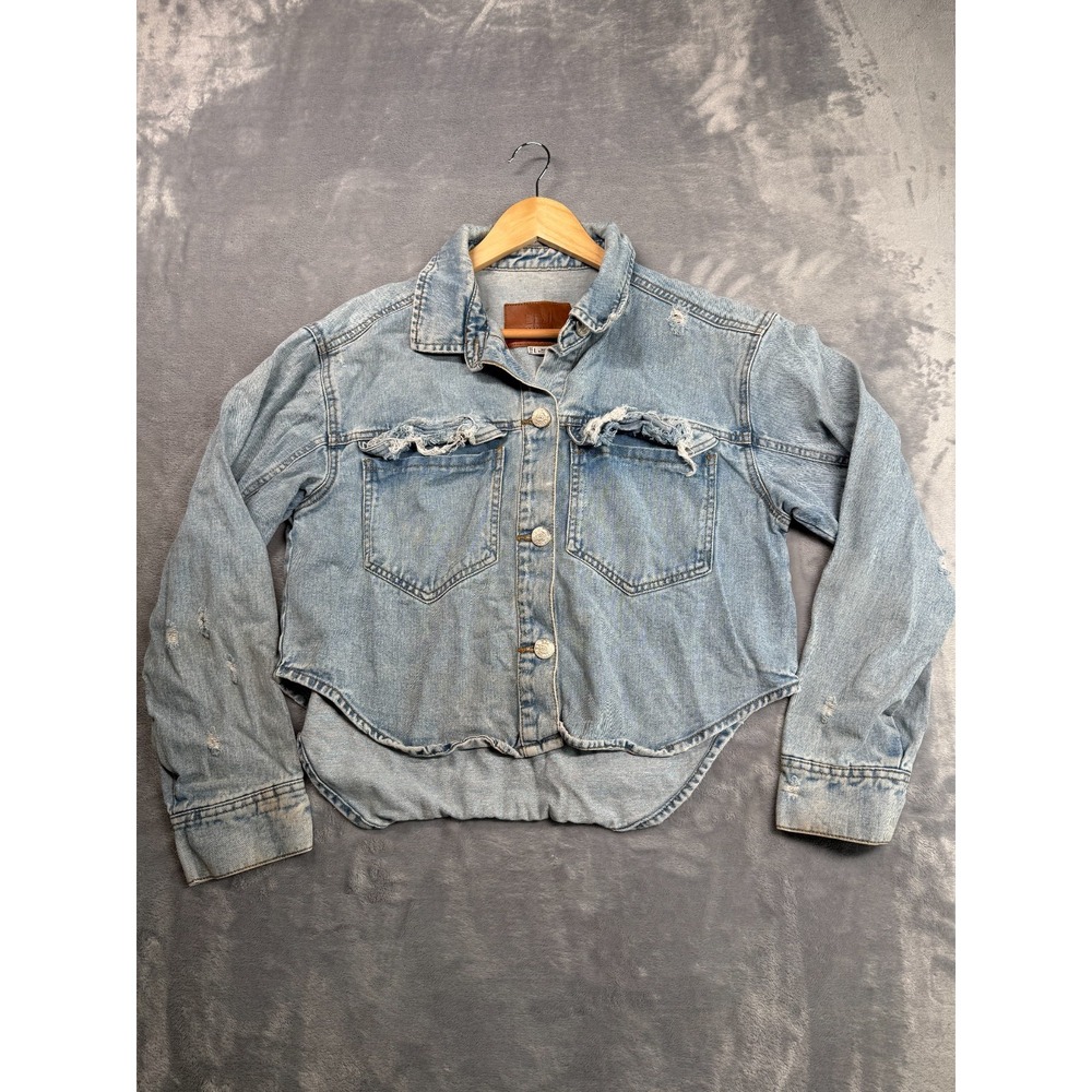 BBJ Cropped Jacket Womens Small Blue Denim Light Wash Distressed Button Front